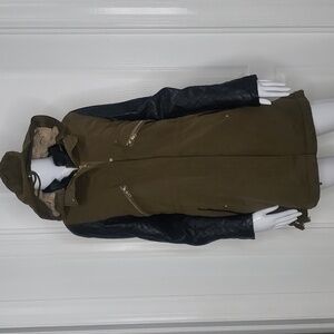 Madame Olive Green-Brown & Black Faux Leather Hooded Jacket Size XL